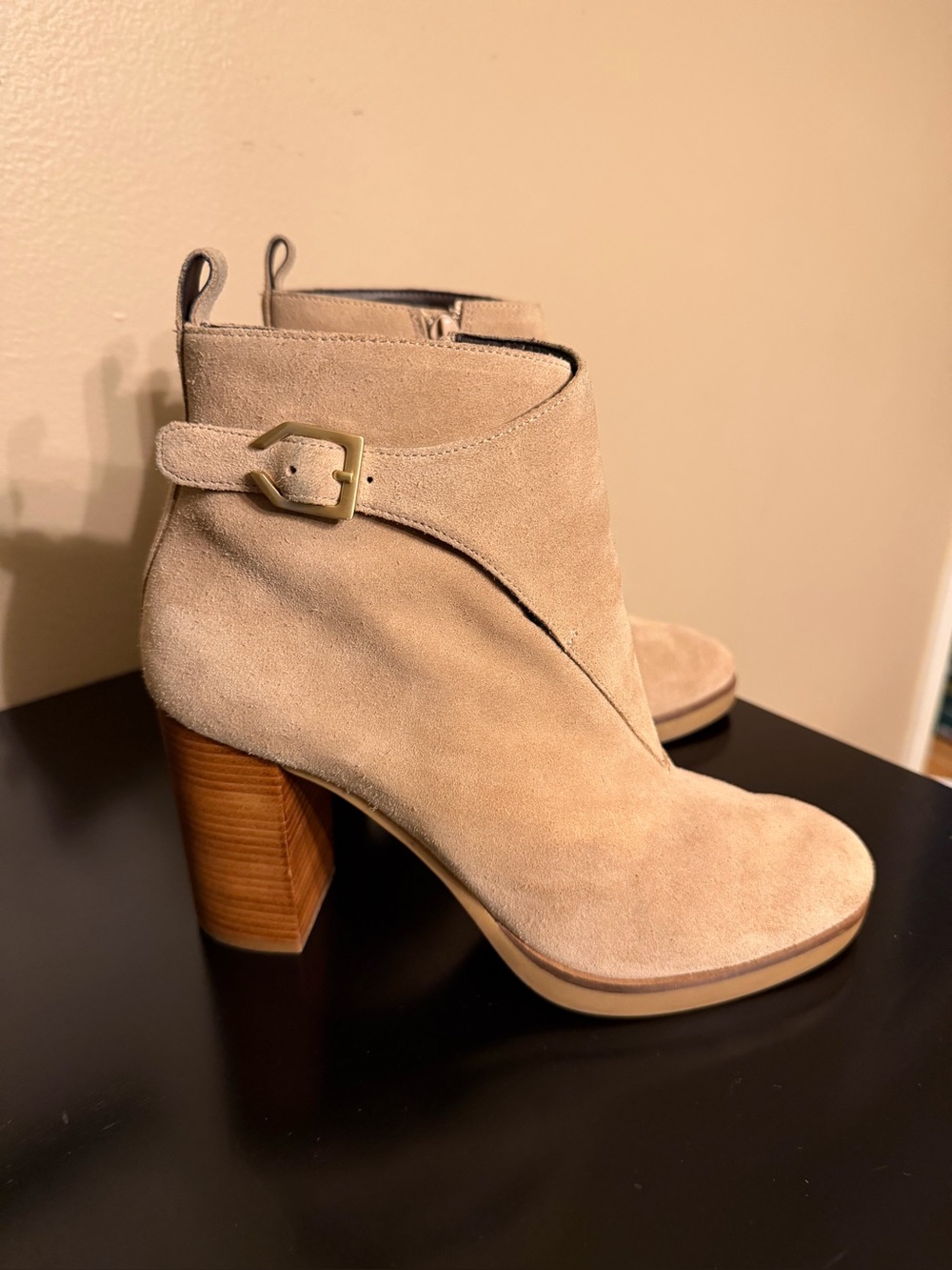 Cole Haan Beige Suede Ankle Booties with Wood Block Heel